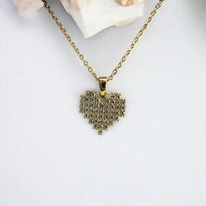 18K Gold Plated Pixel Heart Pendant Necklace 15"+2" Adjustable Gift